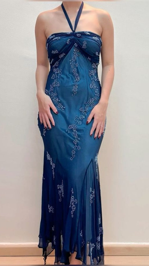 Vintage Blue Chiffon Long Prom Dresses Elegant Beaded Party Dresses Debs Outfits,AST2315