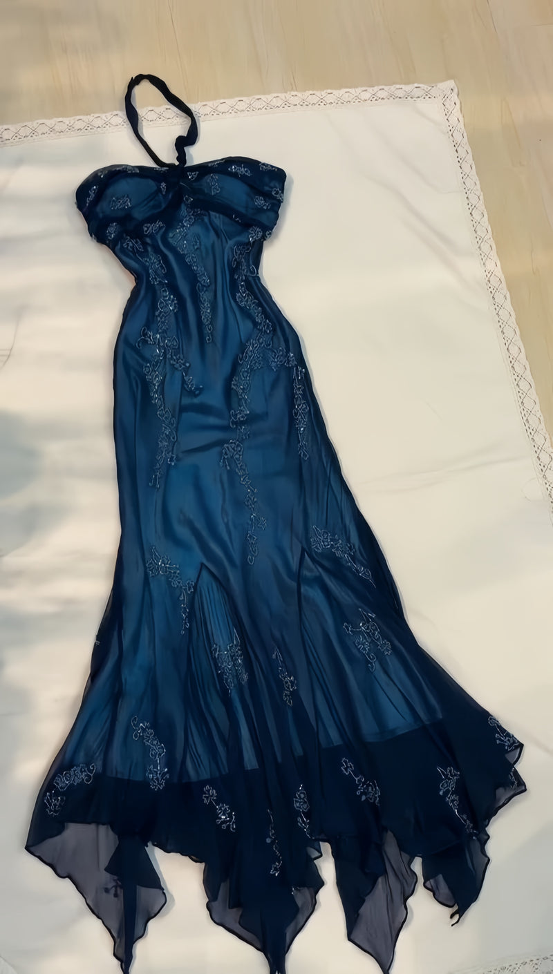 Vintage Blue Chiffon Long Prom Dresses Elegant Beaded Party Dresses Debs Outfits,AST2315