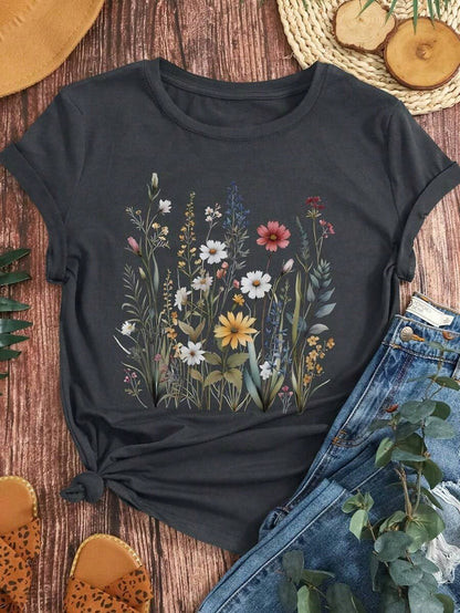 Vintage Casual Floral Pattern&Wear Comfortably&Round Neck T-Shirt&Summer&Spring,Women's Clothing Graphic Tees Women Topsholiday Causal Top