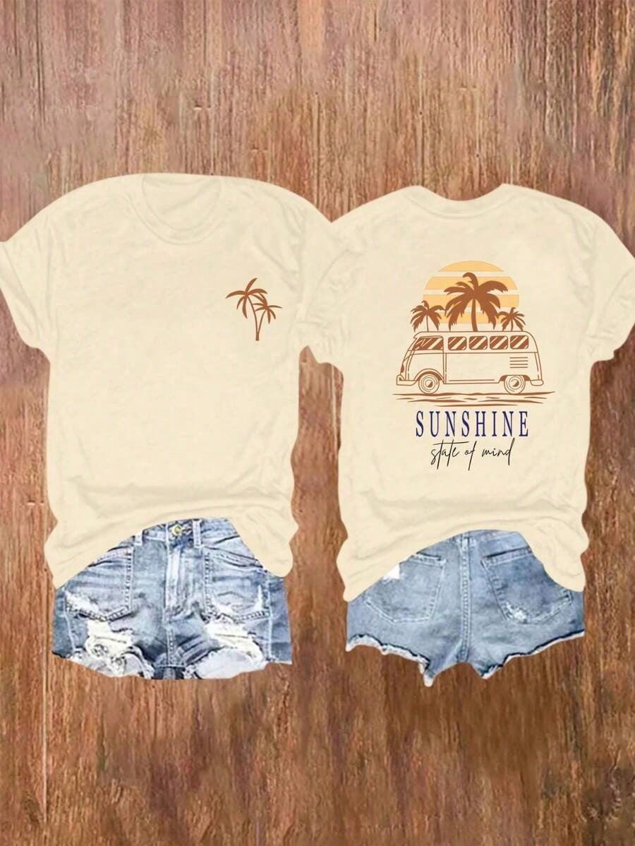 Vintage Coconut Tree Printed Beach T-Shirt, Round Neck Casual Short Sleeve Top, Women's Clothing For Spring & Summer Vacation SUNSHINE State