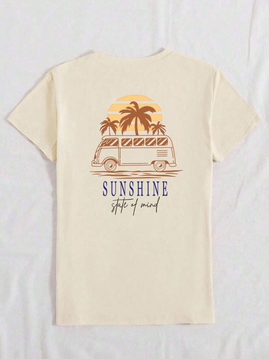 Vintage Coconut Tree Printed Beach T-Shirt, Round Neck Casual Short Sleeve Top, Women's Clothing For Spring & Summer Vacation SUNSHINE State