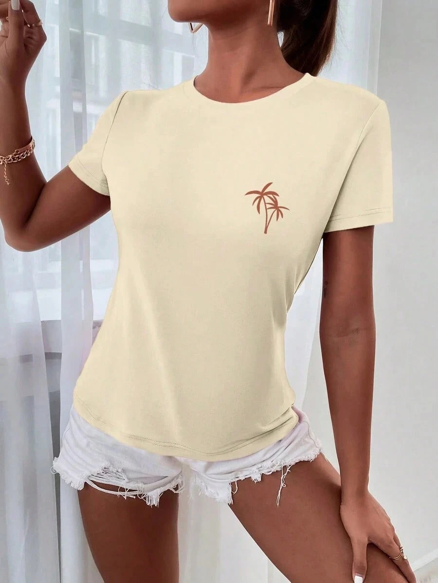 Vintage Coconut Tree Printed Beach T-Shirt, Round Neck Casual Short Sleeve Top, Women's Clothing For Spring & Summer Vacation SUNSHINE State