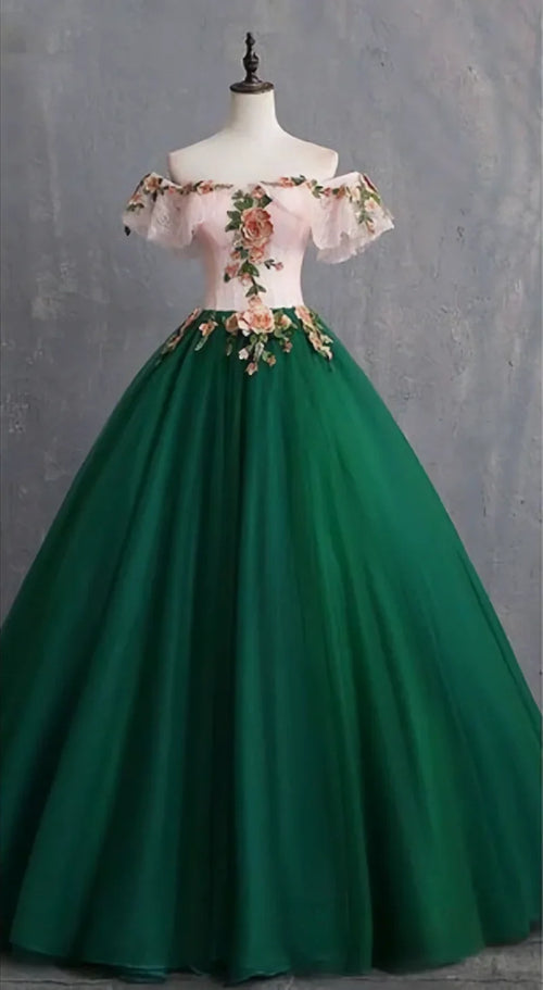 Vintage Dark Green Prom Dresses, Ball Gown Appliques Lace Off The Shoulder Short Sleeve Backless Floor Length Long Formal Dresses,AST2291