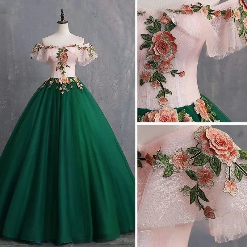 Vintage Dark Green Prom Dresses, Ball Gown Appliques Lace Off The Shoulder Short Sleeve Backless Floor Length Long Formal Dresses,AST2291