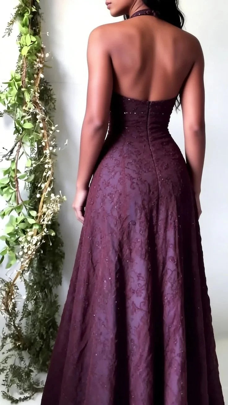 Vintage Mermaid Purple Lace Halter Prom Dresses Long Evening Party Dress Prom Gowns,AST2283