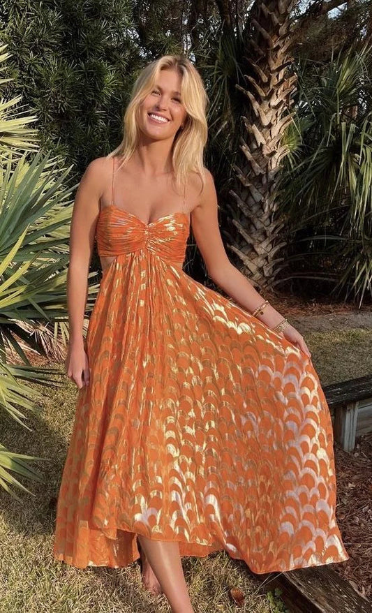 Vintage Orange A-Line Spaghetti Straps Chic Long Party Dress,AST2309