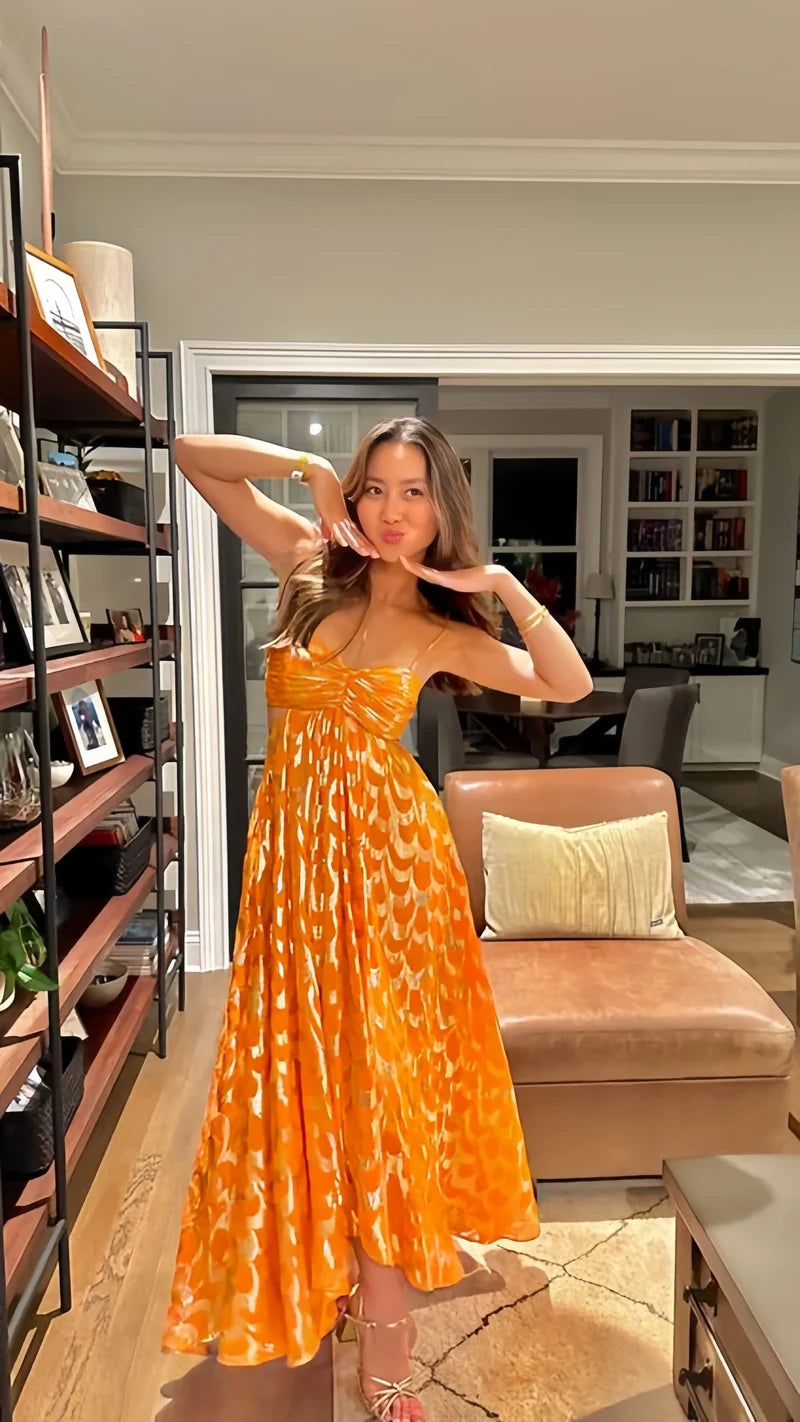 Vintage Orange A-Line Spaghetti Straps Chic Long Party Dress,AST2309