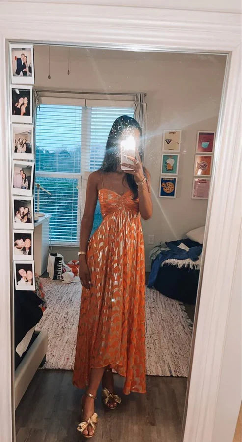 Vintage Orange A-Line Spaghetti Straps Chic Long Party Dress,AST2309