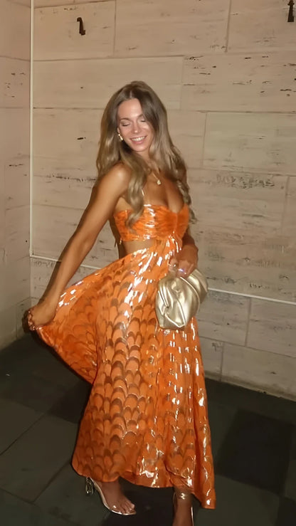 Vintage Orange A-Line Spaghetti Straps Chic Long Party Dress,AST2309