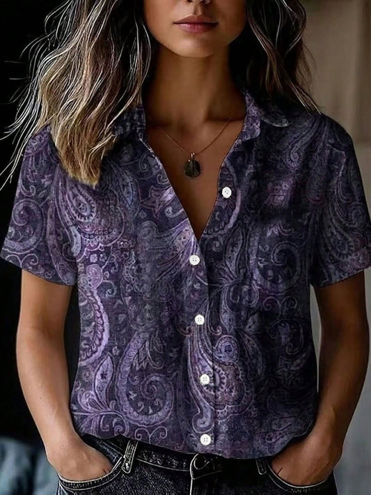 Vintage Paisley Flower Print Plus Size Lightweight Short Sleeve Button-Up Blouse For Women Vacation
