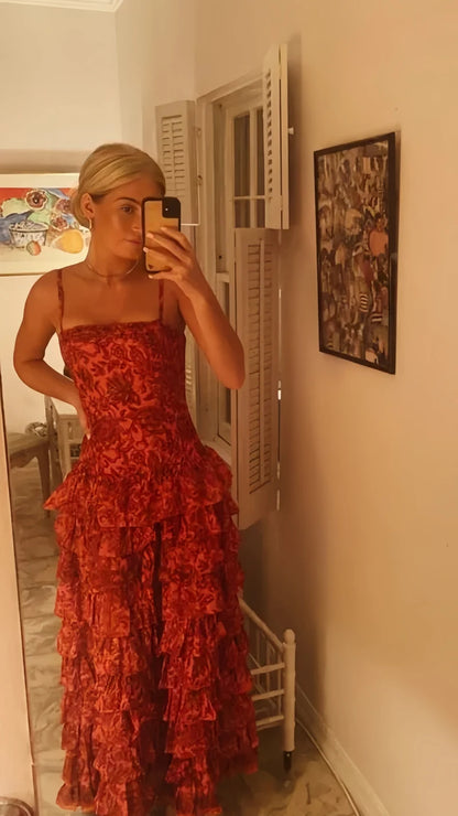 Vintage Red Floral Ruffle Prom Dress - Spaghetti Straps Satin Evening Gown