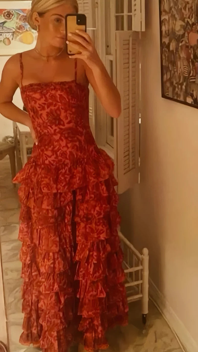 Vintage Red Floral Ruffle Prom Dress - Spaghetti Straps Satin Evening Gown