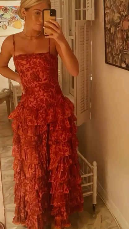 Vintage Red Floral Ruffle Prom Dress - Spaghetti Straps Satin Evening Gown