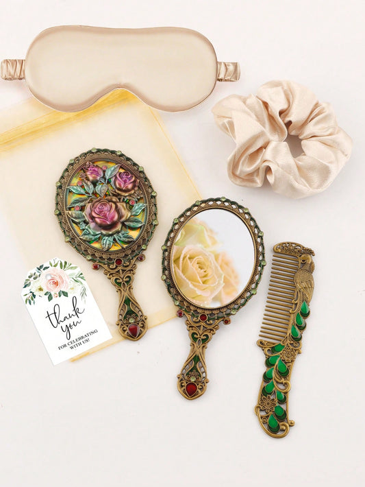 Vintage Rose Handheld Makeup Mirror Comb Set Eye Mask Scrunchie Full Set Gift Set Bridal Bridesmaid Wedding Return Gift Best Friend Birthday Teacher's Day Gift Portable Travel Home Skincare Sleep Beau