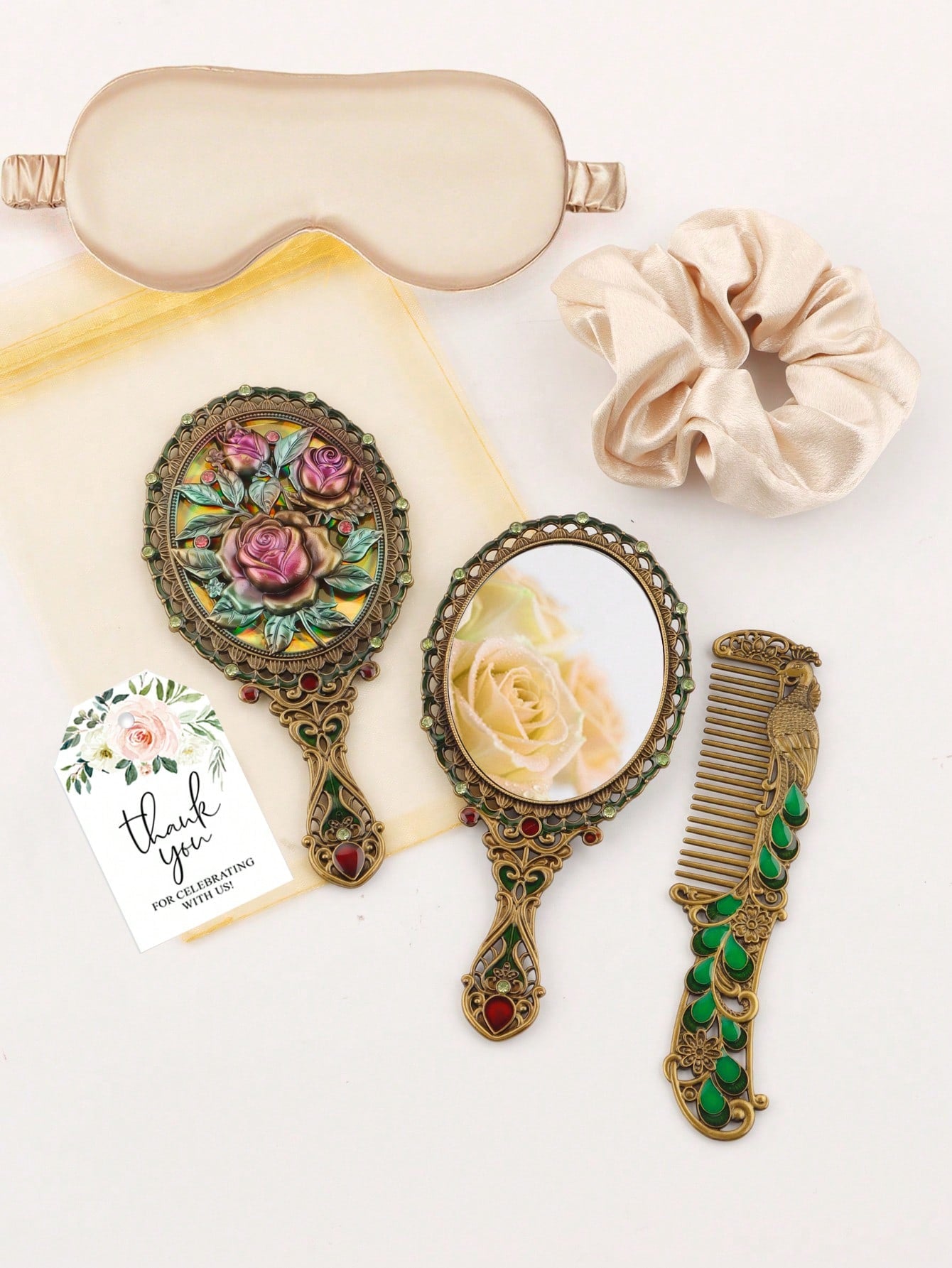Vintage Rose Handheld Makeup Mirror Comb Set Eye Mask Scrunchie Full Set Gift Set Bridal Bridesmaid Wedding Return Gift Best Friend Birthday Teacher's Day Gift Portable Travel Home Skincare Sleep Beau