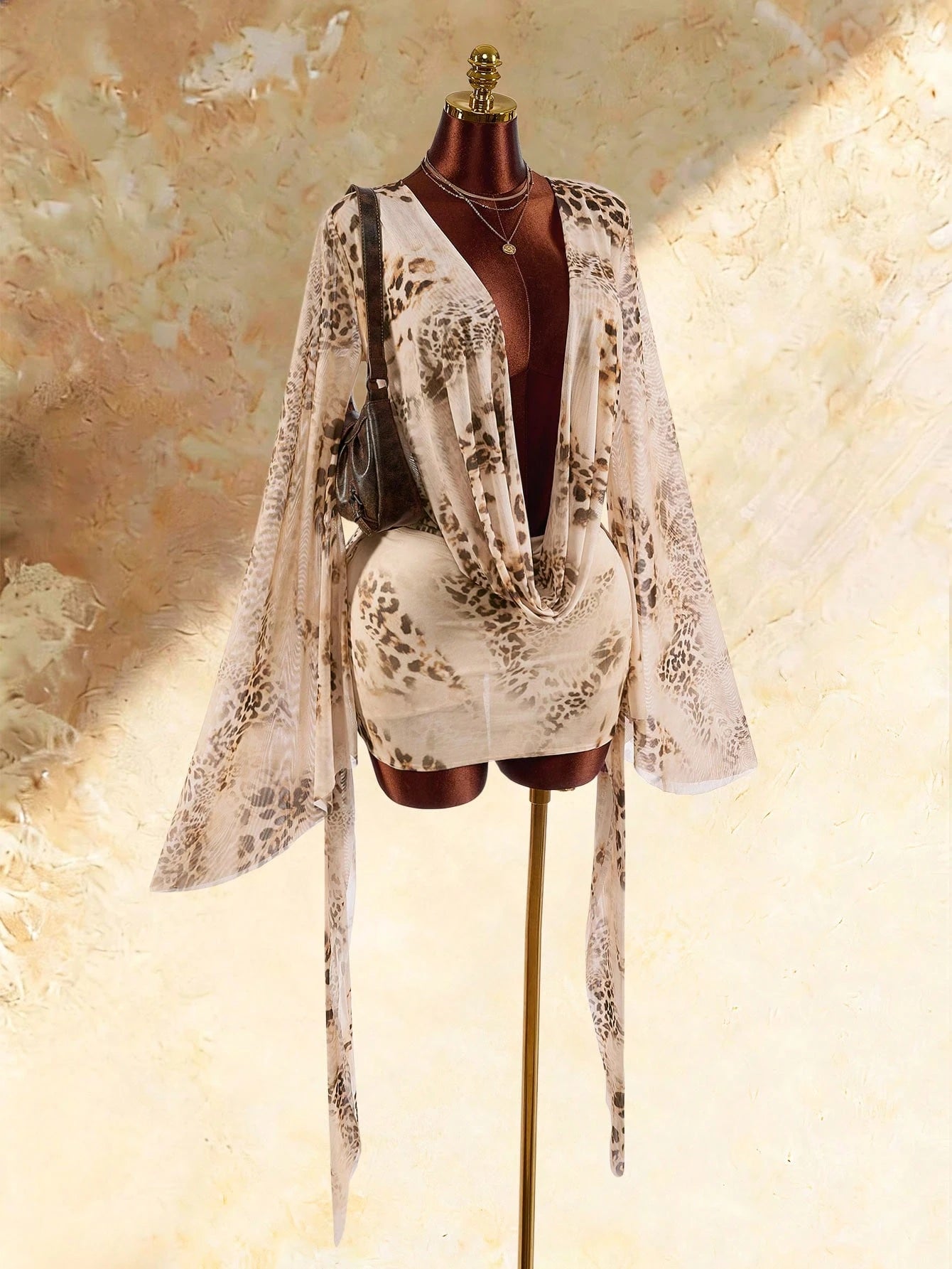 Vintage Sexy Romantic Vacation Leopard Print Semi-Sheer Fitted Bodycon Earth Tone Low Neck Draped Collar Flared Sleeve Mini Dress Beige