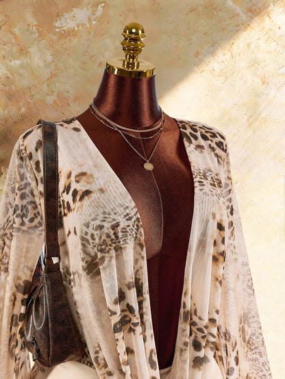 Vintage Sexy Romantic Vacation Leopard Print Semi-Sheer Fitted Bodycon Earth Tone Low Neck Draped Collar Flared Sleeve Mini Dress Beige