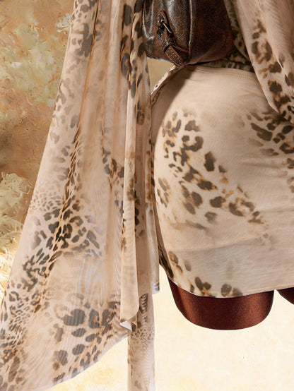 Vintage Sexy Romantic Vacation Leopard Print Semi-Sheer Fitted Bodycon Earth Tone Low Neck Draped Collar Flared Sleeve Mini Dress Beige