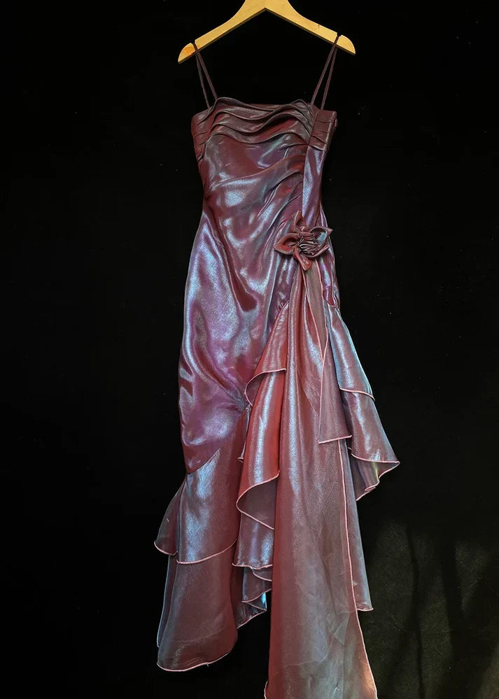 Vintage Spaghetti Straps Asymmetrical Midi Length Party Dress,AST2312