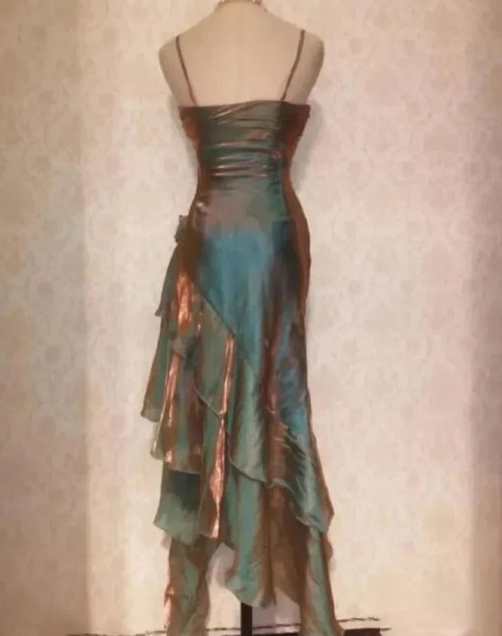 Vintage Spaghetti Straps Asymmetrical Midi Length Party Dress,AST2312