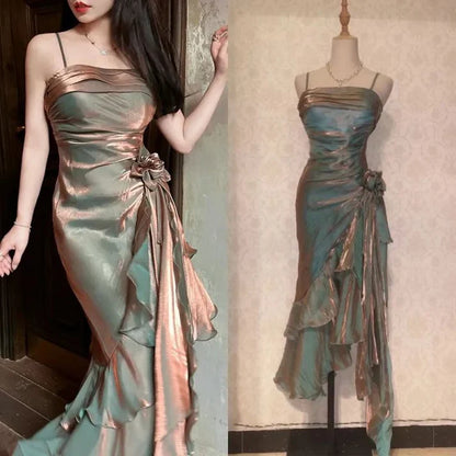 Vintage Spaghetti Straps Asymmetrical Midi Length Party Dress,AST2312