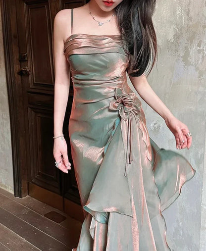 Vintage Spaghetti Straps Asymmetrical Midi Length Party Dress,AST2312