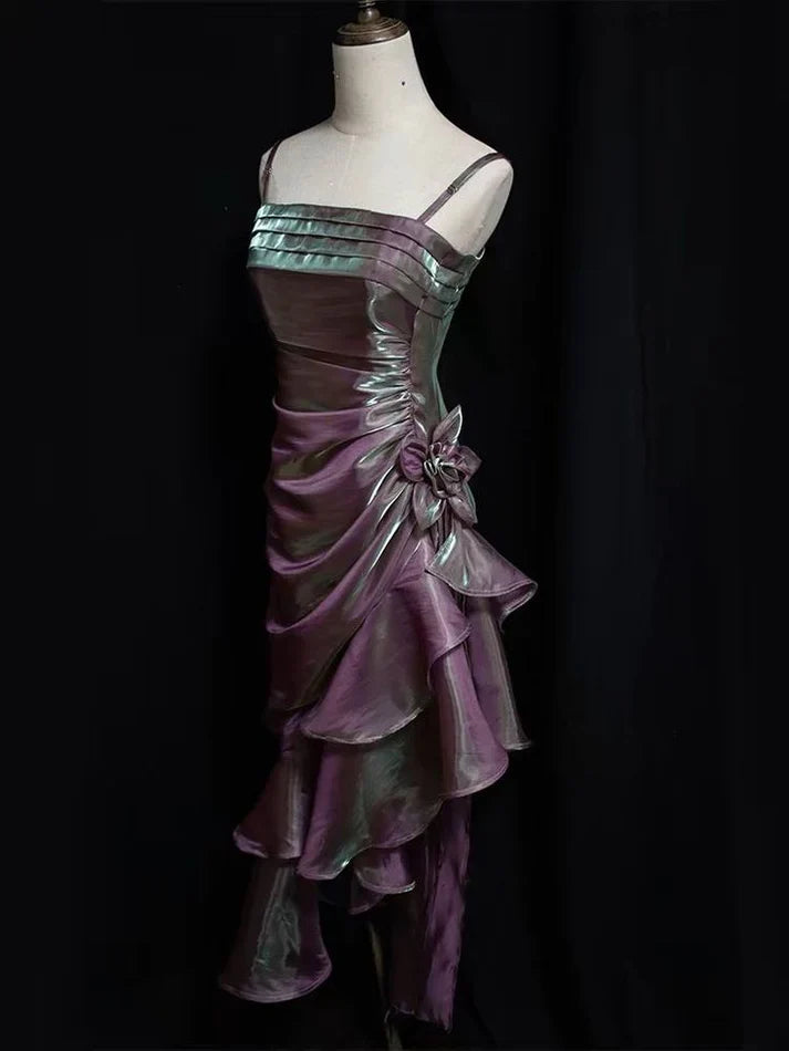 Vintage Spaghetti Straps Asymmetrical Midi Length Party Dress,AST2312
