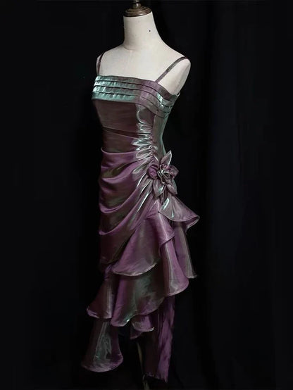 Vintage Spaghetti Straps Asymmetrical Midi Length Party Dress,AST2312