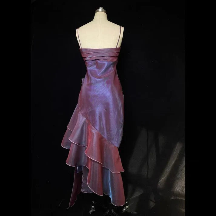 Vintage Spaghetti Straps Asymmetrical Midi Length Party Dress,AST2312
