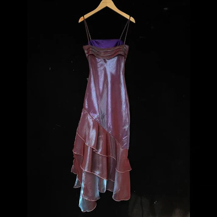 Vintage Spaghetti Straps Asymmetrical Midi Length Party Dress,AST2312