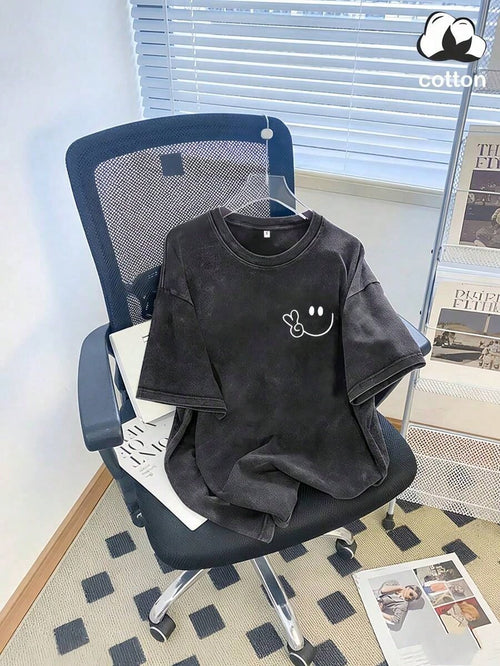 Vintage Washed Cotton Loose-Fit T-Hirt, Cute Face And Heart Print, Women's Casual Treet Tyle Hort-Leeve Top, Wrinkle-Resistant Washed Cotton T-Shir