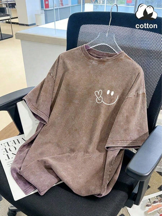 Vintage Washed Cotton Loose-Fit T-Hirt, Cute Face And Heart Print, Women's Casual Treet Tyle Hort-Leeve Top, Wrinkle-Resistant Washed Cotton T-Shir