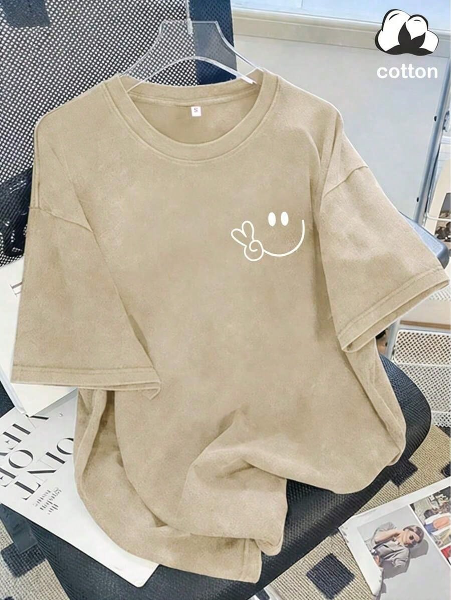 Vintage Washed Cotton Loose-Fit T-Hirt, Cute Face And Heart Print, Women's Casual Treet Tyle Hort-Leeve Top, Wrinkle-Resistant Washed Cotton T-Shir
