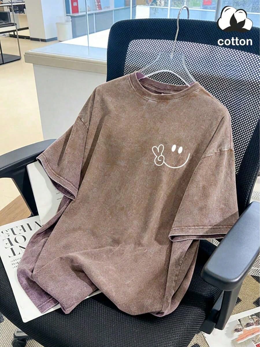 Vintage Washed Cotton Loose-Fit T-Hirt, Cute Face And Heart Print, Women's Casual Treet Tyle Hort-Leeve Top, Wrinkle-Resistant Washed Cotton T-Shir