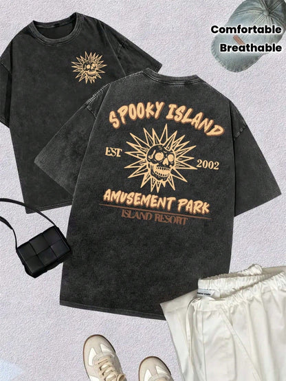Vintage Washed Cotton Women's Short Sleeve Tee, Fun Spooky Island Amusement Park Skull Sun Print, Retro Streetwear Graphic Tops, 100% Cotton