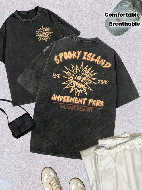 Vintage Washed Cotton Women's Short Sleeve Tee, Fun Spooky Island Amusement Park Skull Sun Print, Retro Streetwear Graphic Tops, 100% Cotton