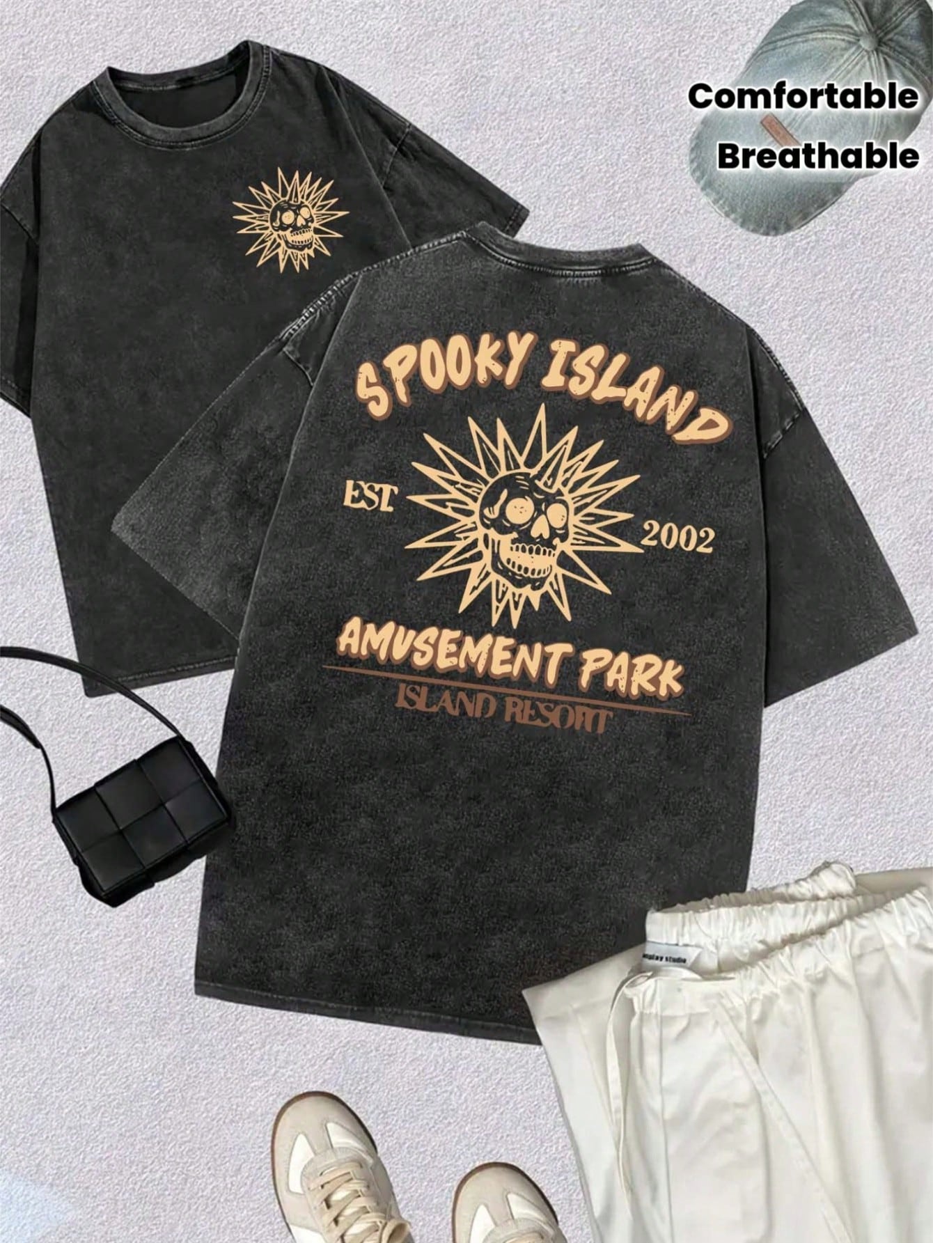 Vintage Washed Cotton Women's Short Sleeve Tee, Fun Spooky Island Amusement Park Skull Sun Print, Retro Streetwear Graphic Tops, 100% Cotton
