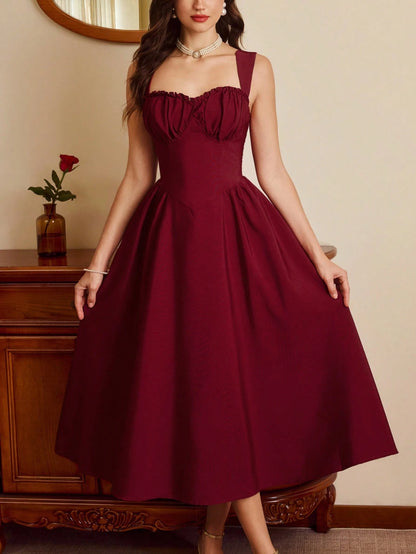 Vintamour Burgundy Autumn 70s Retro Elegant Party Women's Dress,Sweetheart Neckline Bustier Midi Dress With Pockets,Ruched Floral Hem New Year Christmas Outfit