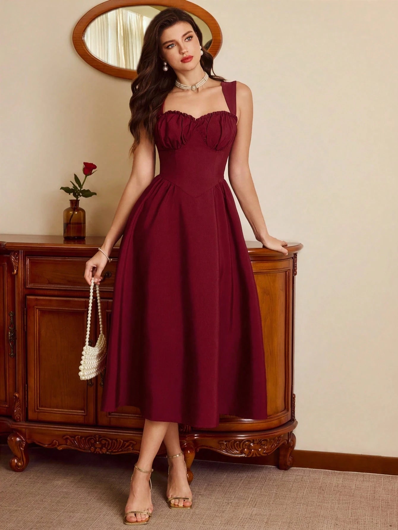 Vintamour Burgundy Autumn 70s Retro Elegant Party Women's Dress,Sweetheart Neckline Bustier Midi Dress With Pockets,Ruched Floral Hem New Year Christmas Outfit