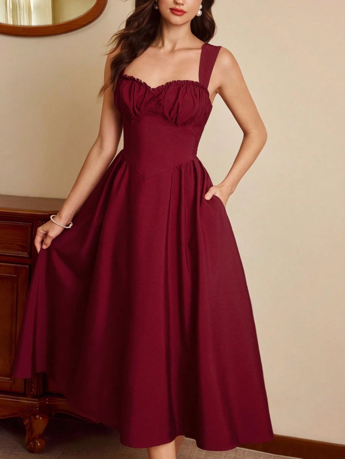 Vintamour Burgundy Autumn 70s Retro Elegant Party Women's Dress,Sweetheart Neckline Bustier Midi Dress With Pockets,Ruched Floral Hem New Year Christmas Outfit