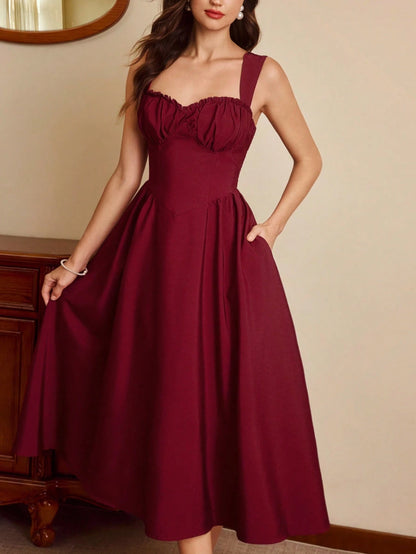 Vintamour Burgundy Autumn 70s Retro Elegant Party Women's Dress,Sweetheart Neckline Bustier Midi Dress With Pockets,Ruched Floral Hem New Year Christmas Outfit