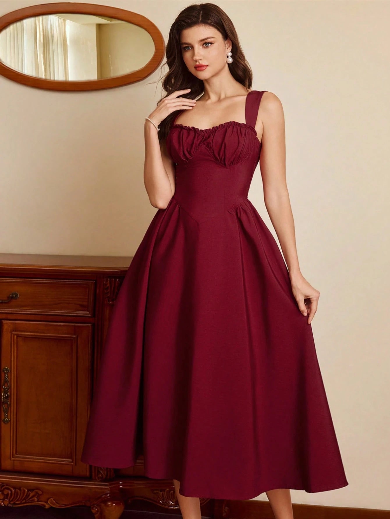 Vintamour Burgundy Autumn 70s Retro Elegant Party Women's Dress,Sweetheart Neckline Bustier Midi Dress With Pockets,Ruched Floral Hem New Year Christmas Outfit