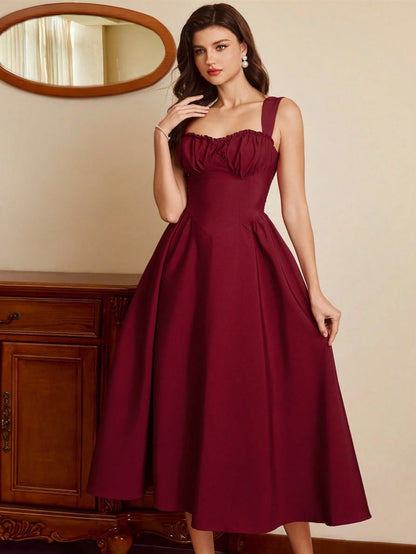 Vintamour Burgundy Autumn 70s Retro Elegant Party Women's Dress,Sweetheart Neckline Bustier Midi Dress With Pockets,Ruched Floral Hem New Year Christmas Outfit