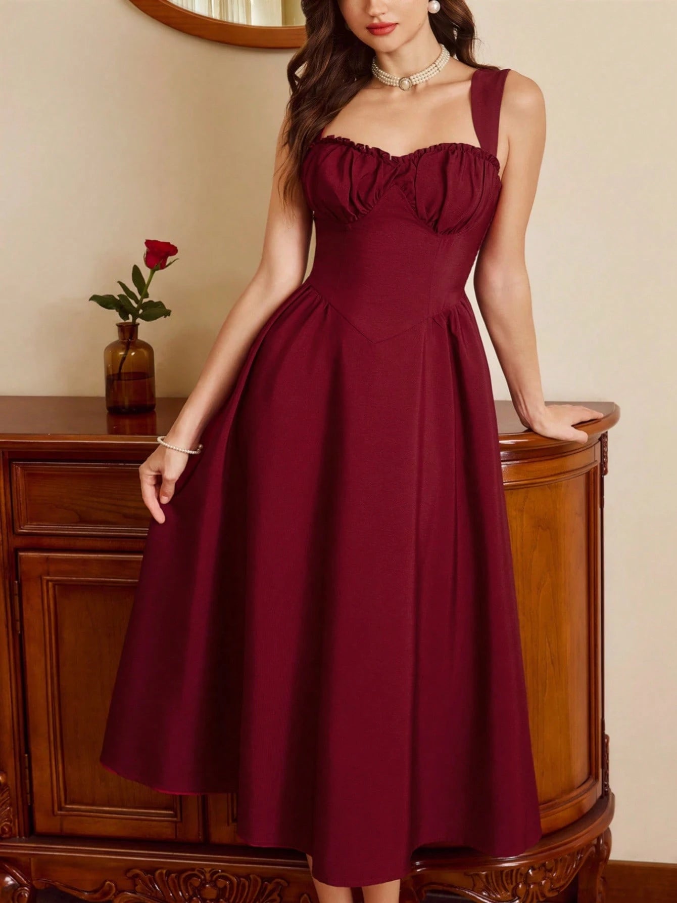 Vintamour Burgundy Autumn 70s Retro Elegant Party Women's Dress,Sweetheart Neckline Bustier Midi Dress With Pockets,Ruched Floral Hem New Year Christmas Outfit
