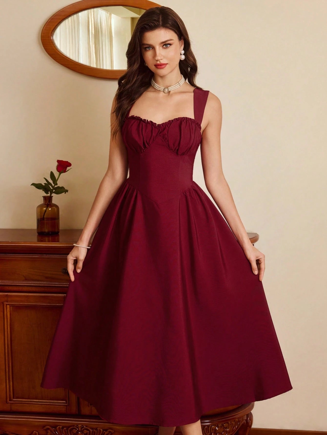 Vintamour Burgundy Autumn 70s Retro Elegant Party Women's Dress,Sweetheart Neckline Bustier Midi Dress With Pockets,Ruched Floral Hem New Year Christmas Outfit