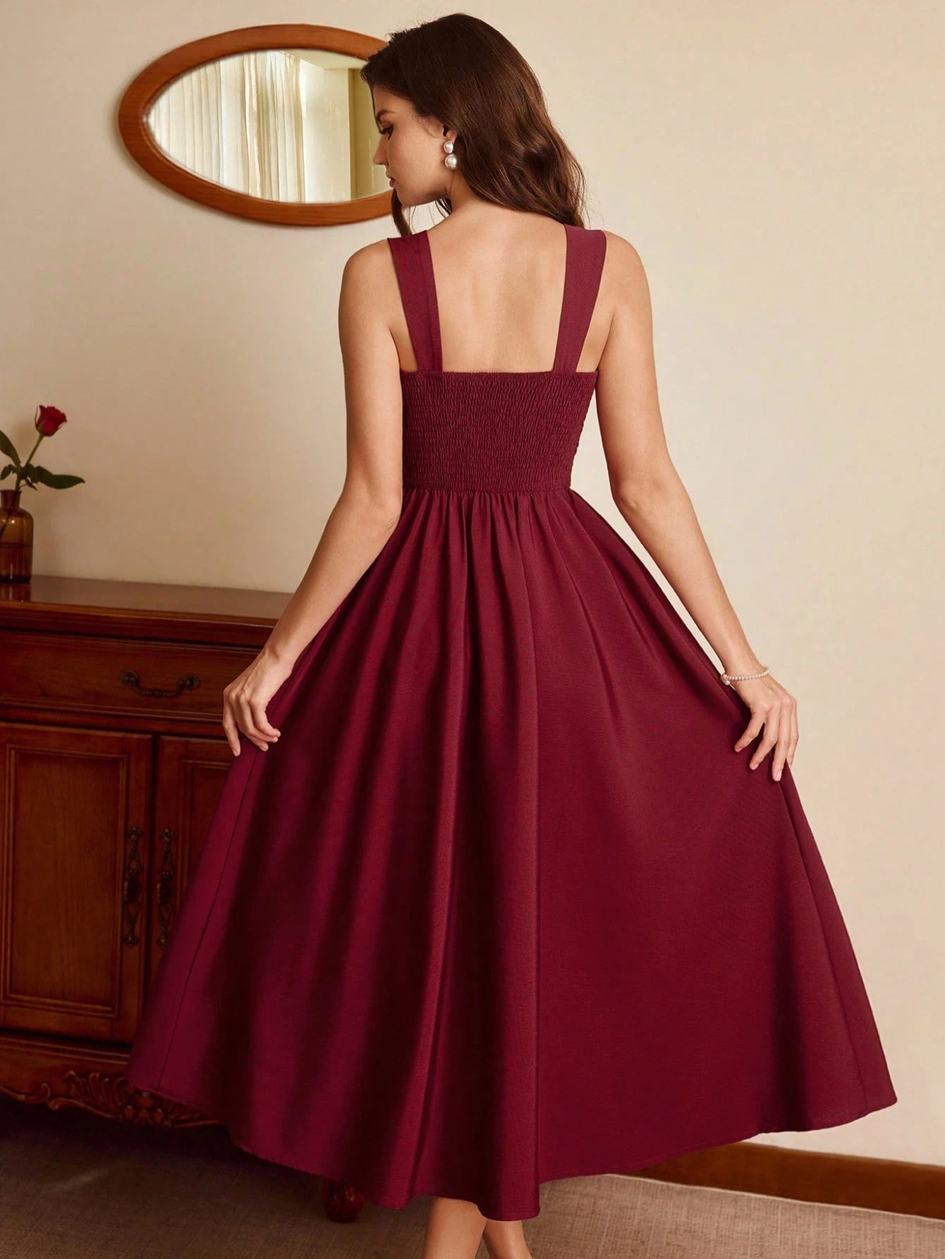 Vintamour Burgundy Autumn 70s Retro Elegant Party Women's Dress,Sweetheart Neckline Bustier Midi Dress With Pockets,Ruched Floral Hem New Year Christmas Outfit