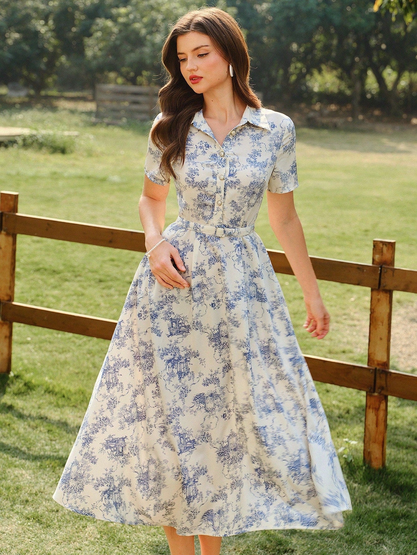 Vintamour Elegant Women's Beige Floral Print Shirt Dress With Pockets Belt,Button Casual Summer Holiday Picnic Outfit,Spring Wedding Vacation Guest Party Dress