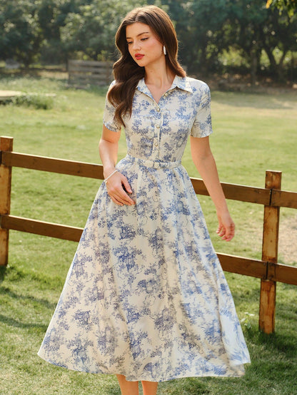 Vintamour Elegant Women's Beige Floral Print Shirt Dress With Pockets Belt,Button Casual Summer Holiday Picnic Outfit,Spring Wedding Vacation Guest Party Dress