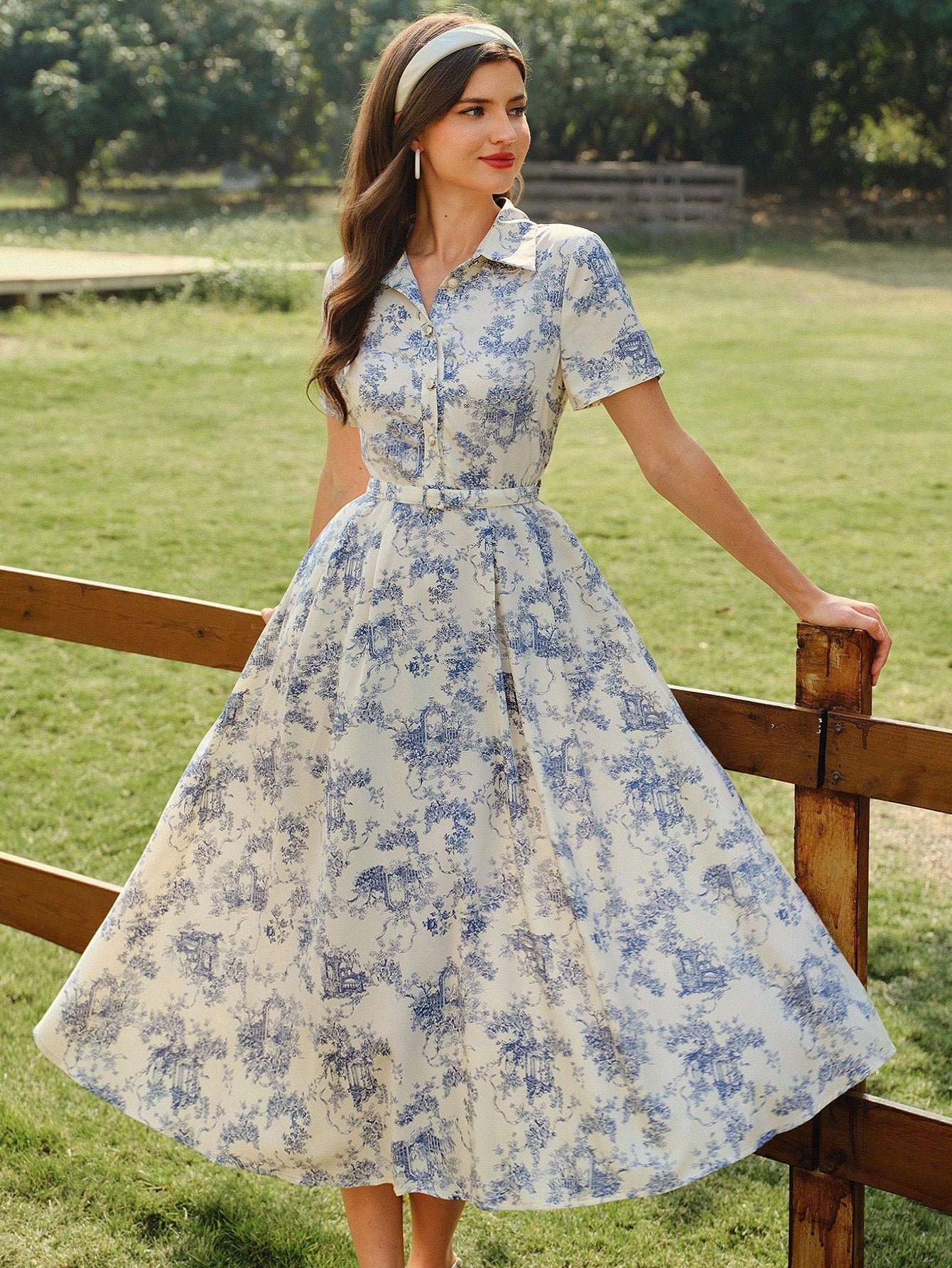 Vintamour Elegant Women's Beige Floral Print Shirt Dress With Pockets Belt,Button Casual Summer Holiday Picnic Outfit,Spring Wedding Vacation Guest Party Dress
