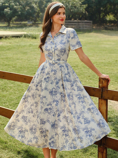 Vintamour Elegant Women's Beige Floral Print Shirt Dress With Pockets Belt,Button Casual Summer Holiday Picnic Outfit,Spring Wedding Vacation Guest Party Dress